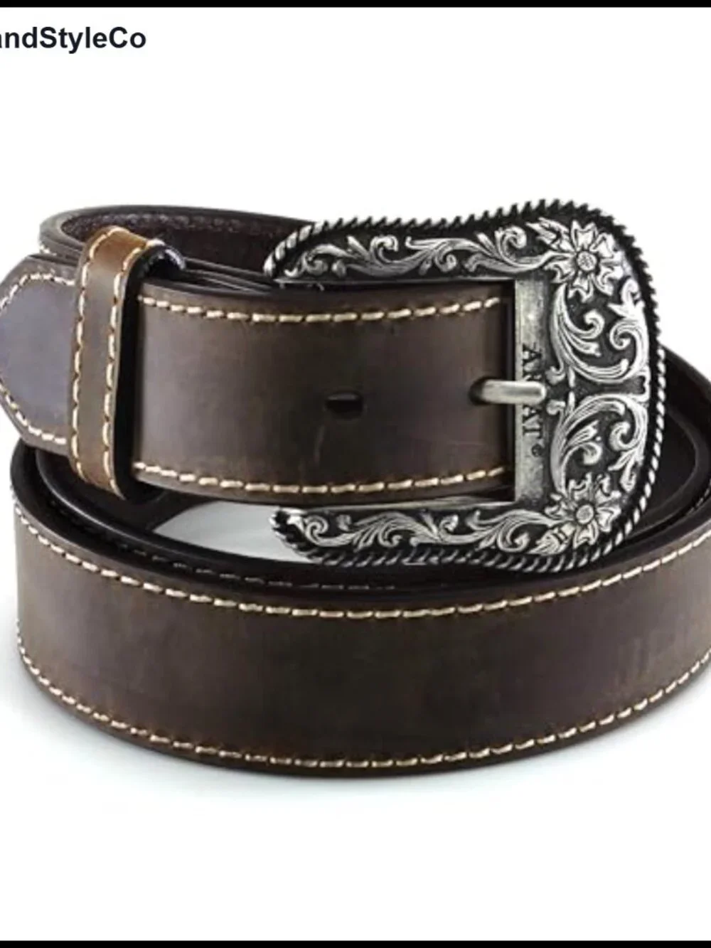 Genuine Leather Western Belt Heavy Stitch Floral Buckle